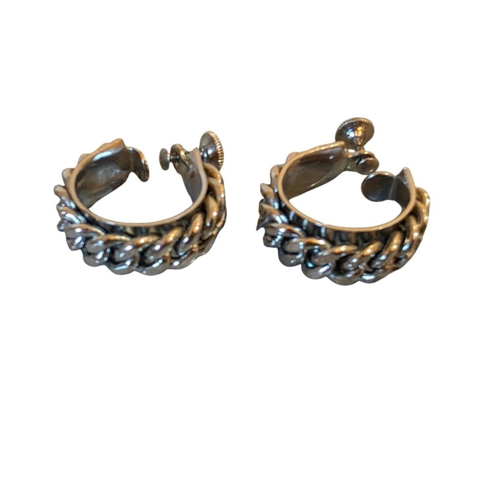 Vintage Silver-Tone Clip-On Hoop Earrings‎ With Twisted Rope Design
